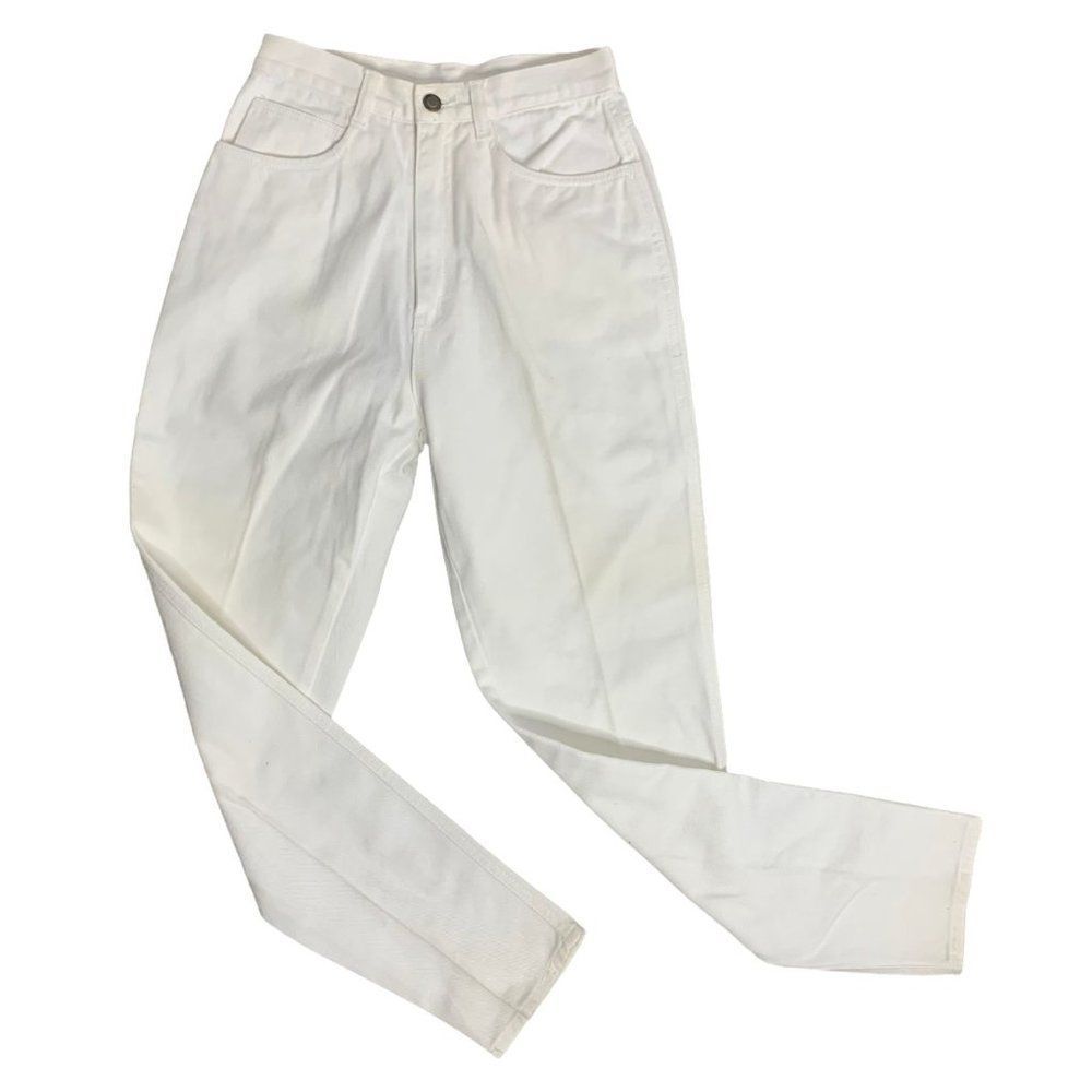 Vintage 80s High Waisted Denim Jeans 26 White Tapered Mom Pockets Button Zip